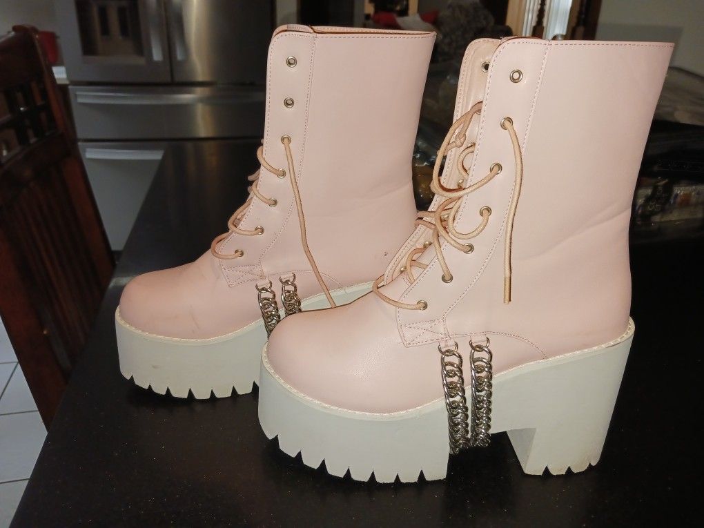 Pink Platform Boots With Drop Chain