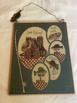 rustic "Gone Fishing" decorative hanging wall plaque printed on engineered wood/MDF