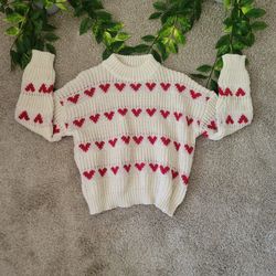 Heart Print Crochet Sweater (XS)