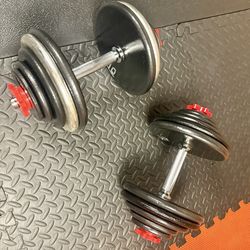 Set of Cast Iron Adjestables Dumbbells With Weight Plates: 10s, 7.5s, 5s, 2.5s and 1.25 pounders. Brute W: 115 #