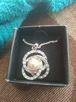 Silver Pearl and Crystal Swirl Pendant Necklace