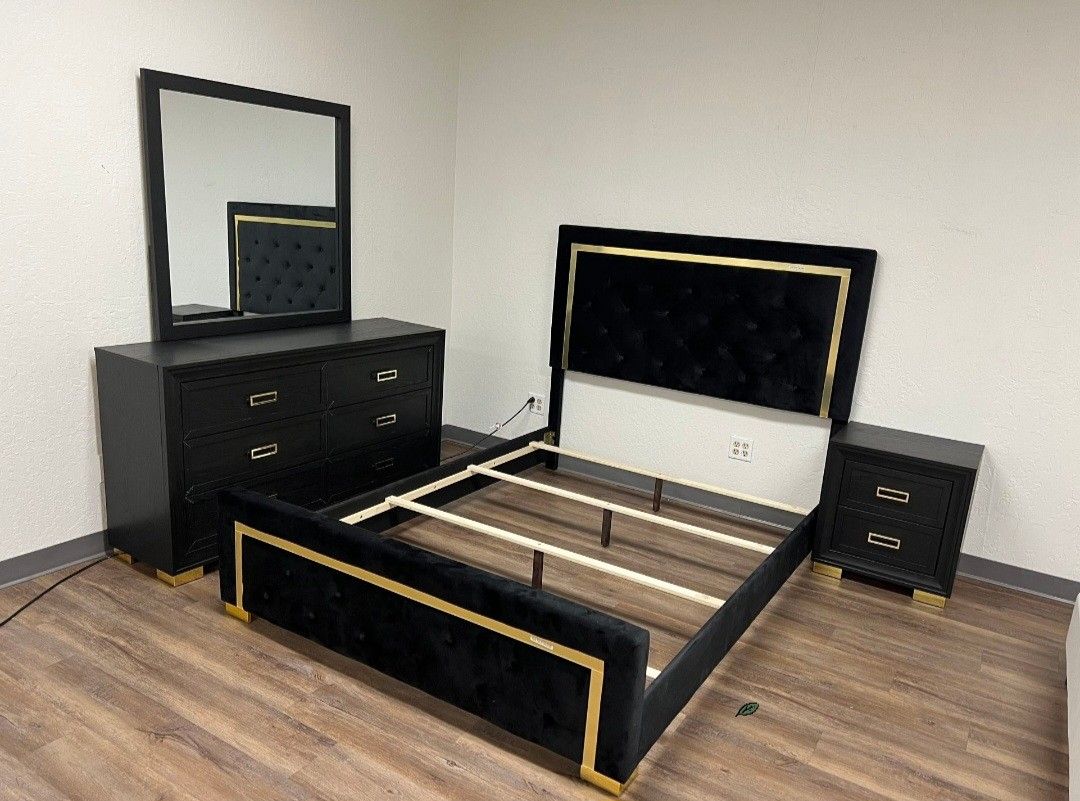 PEPE BLACK/GOLD PANEL UPHOLSTERED BEDROOM SET 4-Piece (Bed, Dresser, Mirror, Nightstand)