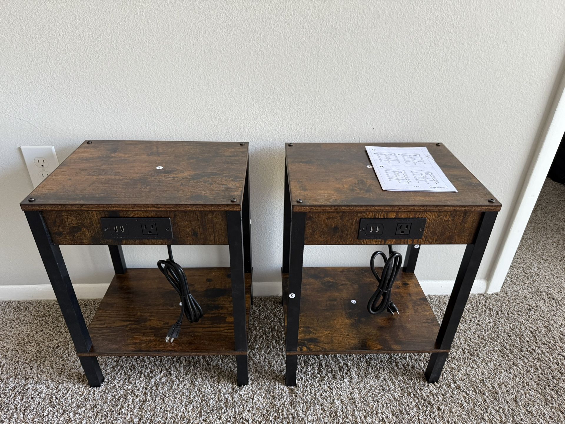 Set of 2 End Tables with Charging Station (USB & Power Outlets)