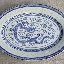 Large Chinese Blue & White Oval Porcelain Platter – Dragon Design – 13.5” x 9.5”