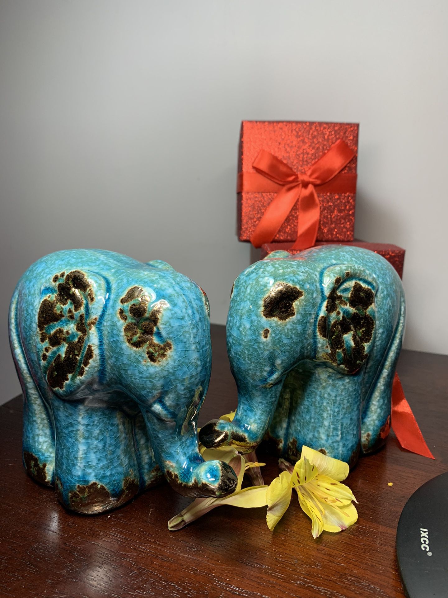 Household Decor Pair Of Elephants Blue With Gold Accents