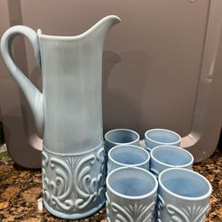 Antique Vintage TAYLOR & CO CHALLINOR’S BLUE OPAQUE TUMBLER PITCHER CUPS VTG