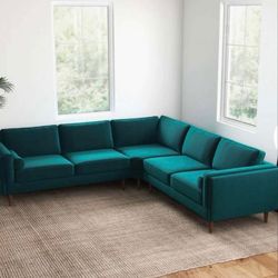 Mid century modern symmetrical pillow back velvet corner sofa in Teal