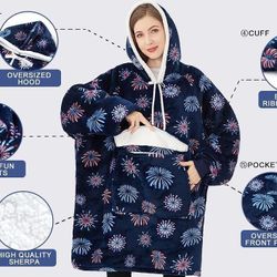 Oversized Wearable Blanket Hoodie, Comfy Sherpa Sweatshirt Pullover Jacket (Large Pocket, Blue Fireworks, Adult)