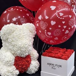 Valentine Rose box 16 roses long lasting roses & Foam Roses bear 6 Balloons