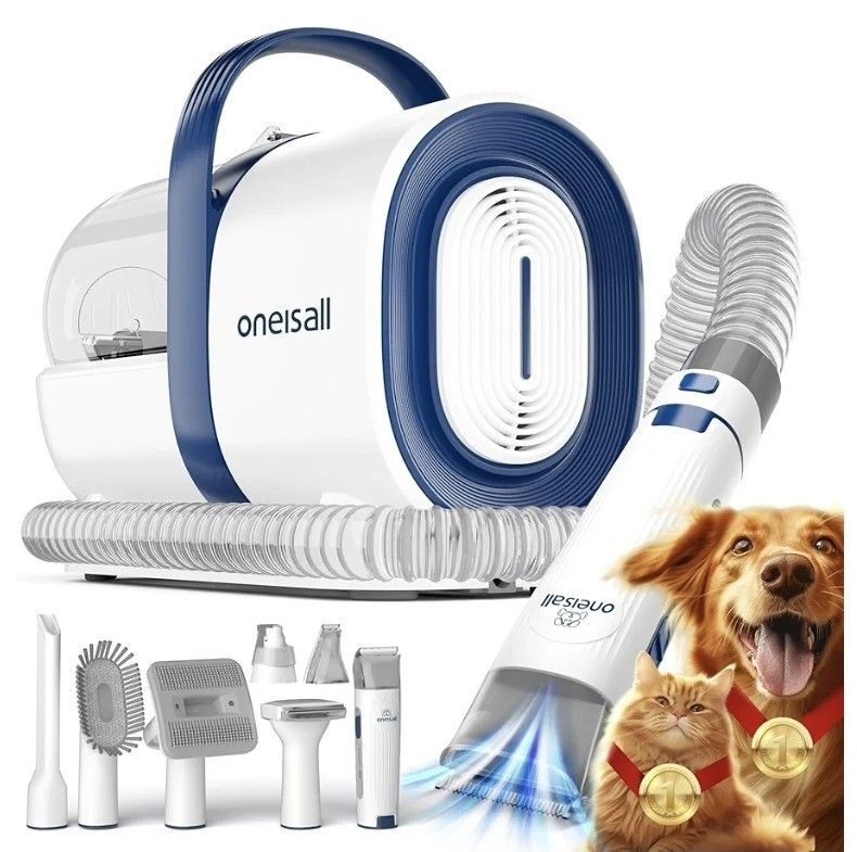 oneisall Dog Grooming Vacuum, Pet Grooming Vacuum with Clipper Nail Grinder, 1.5L Dust Cup Dog deshedding Vacuum Brush with 7 Pet Grooming Tools for S