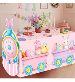 2 Pcs Easter Table Tablecloth Decorations Bunny Train Table Cloth Decoration with Pastel Rabbit Eggs Gnomes Easter Party Favor for Picnic Dinner Outdo