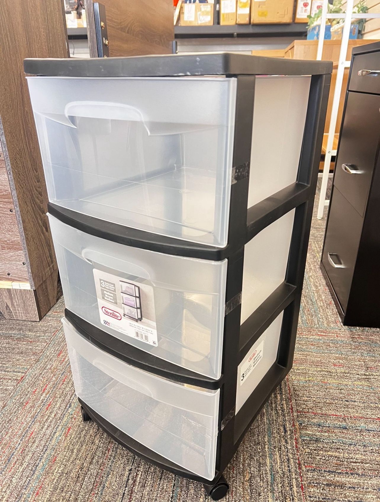 3 Drawer Cart, Clear Plastic Storage Drawers, Wheels Included, Black, New