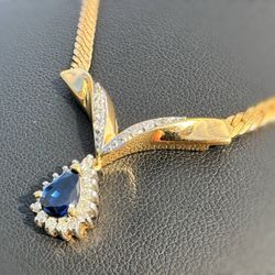 Jewelry 14k solid yellow gold Cuban link pear shape pendant natural diamond sapphire necklace 17.00" 3.20mm 8.30 grams