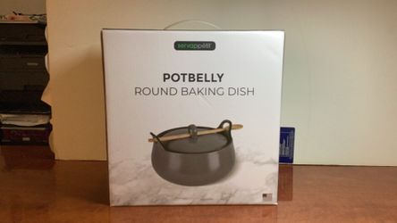 New Servappetit   pot belly round ceramic baking dish with lid and spoon