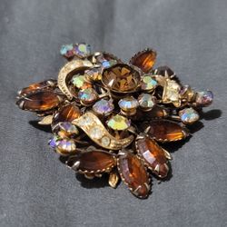 Vtg Aurora Borealis Amber Rhinestone  Brooch Pin 