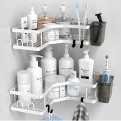 Shower Caddy Corner Organizer Shelf: 2Pack Adhesive Shower Essentials Accessories - No-Drilling Stainless Steel Bathroom Storage Rack with Hooks and T