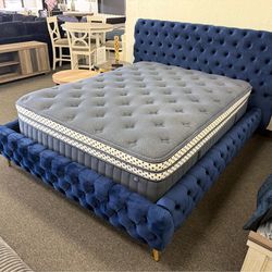 Queen bed frame in blue velvet