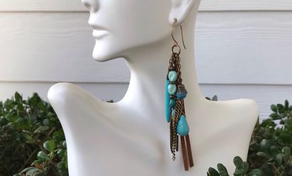 Drop Dangling Earrings, Tribal Earrings, Long Fringes Earring, Boho Turquoise Earring, Gypsy Earrings, Tribal Jewelry, Women's Earrings