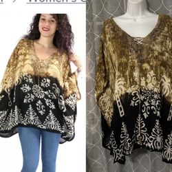 Shoreline Summer Tunic Abstract V Neck Crisscross Tie Dolman Top Woman size 1X