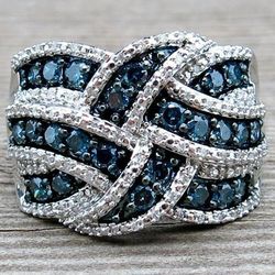 2.5Ct Electroplate Blue Sapphire Braided Wide Band Silver Ring - Size 7