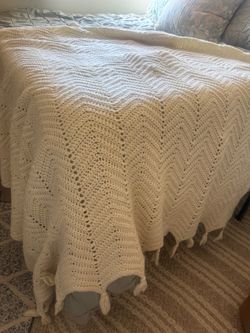 Handmade 70” accent Cream Crochet Knit Throw Blanket with Tassels