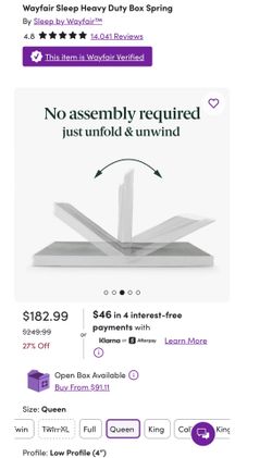 NEW: Wayfair Sleep 4-Inch Bi-Fold Box Spring - Queen 4" height