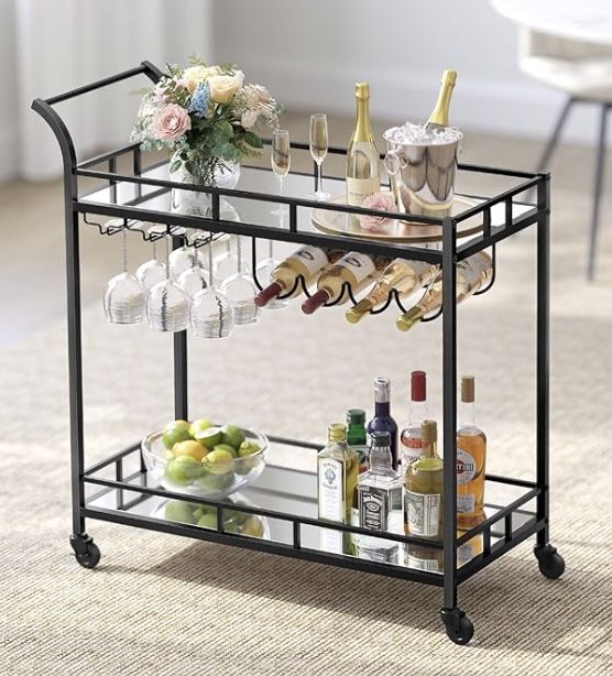 Black Metal & Mirrored Bar Cart – Wine & Glass Storage - $50 (Harlem / Morningside)