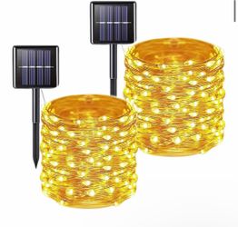 Christmas Solar String Lights, 2 Pack 200 LED Fairy Lights, Warm White Copper Wire, IP65 Waterproof, 8 Lighting Modes, Auto Dusk-to-Dawn, Garden Patio