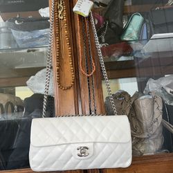 Chanel Classic East West Lambskin White Leather 