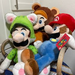 Mario Plush Trio - Cat Luigi, Tanooki & Classic Mario - Like New!