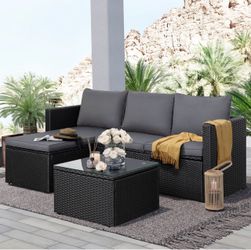Gray Outdoor Furniture Sectional Sofa Patio Set with Black Rattan Wicker