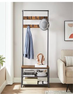 Hall Tree with Bench and Shoe Storage, 9 Movable Hooks, Top Bar Entryway Bench with Coat Rack Stand, Fabric Shelves, 25.2"W, Rustic Brown and Black, B