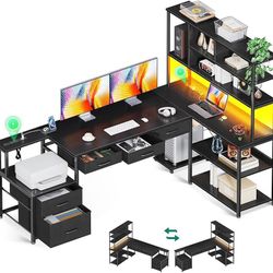  71 inch L Shaped Desk with 5 Drawers, Reversible L Shaped Gaming Desk with LED Light & 2 Power Outlets, Computer Desk with Storage Shelves for Home O