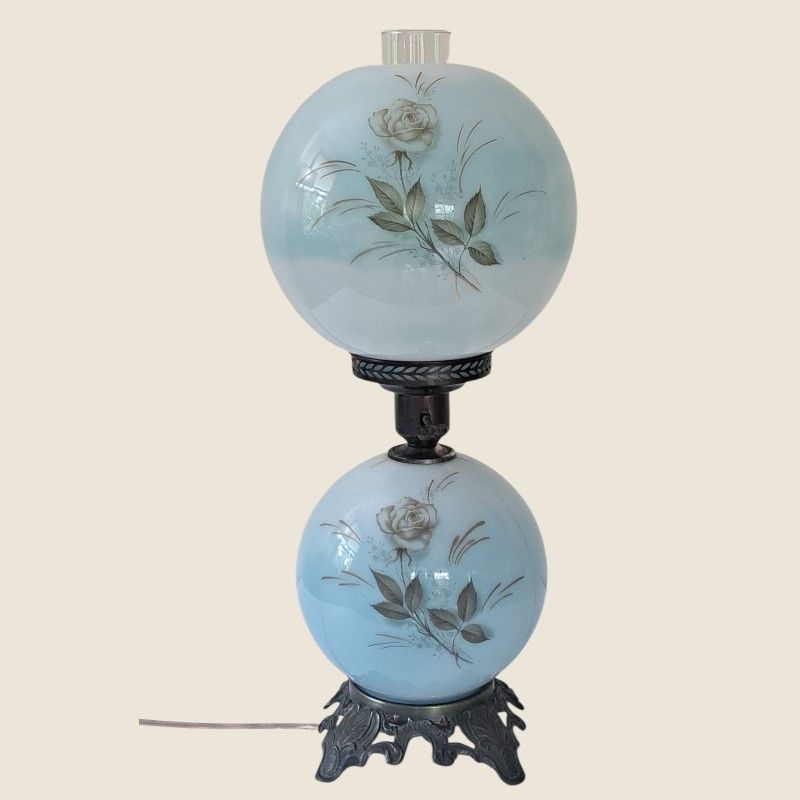 Vintage Blue Glass Gone With The Wind Parlor Lamp Floral 22" Hedco Style 1960s