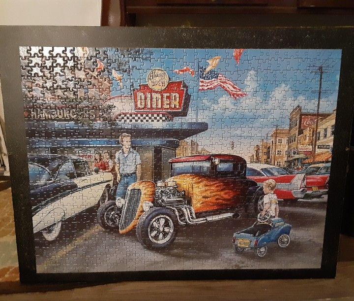 Finished And Mounted 27 L x 21 W  Ready To Hang MasterPieces 1000 Piece Puzzle - Hot Rods and Milkshakes 

