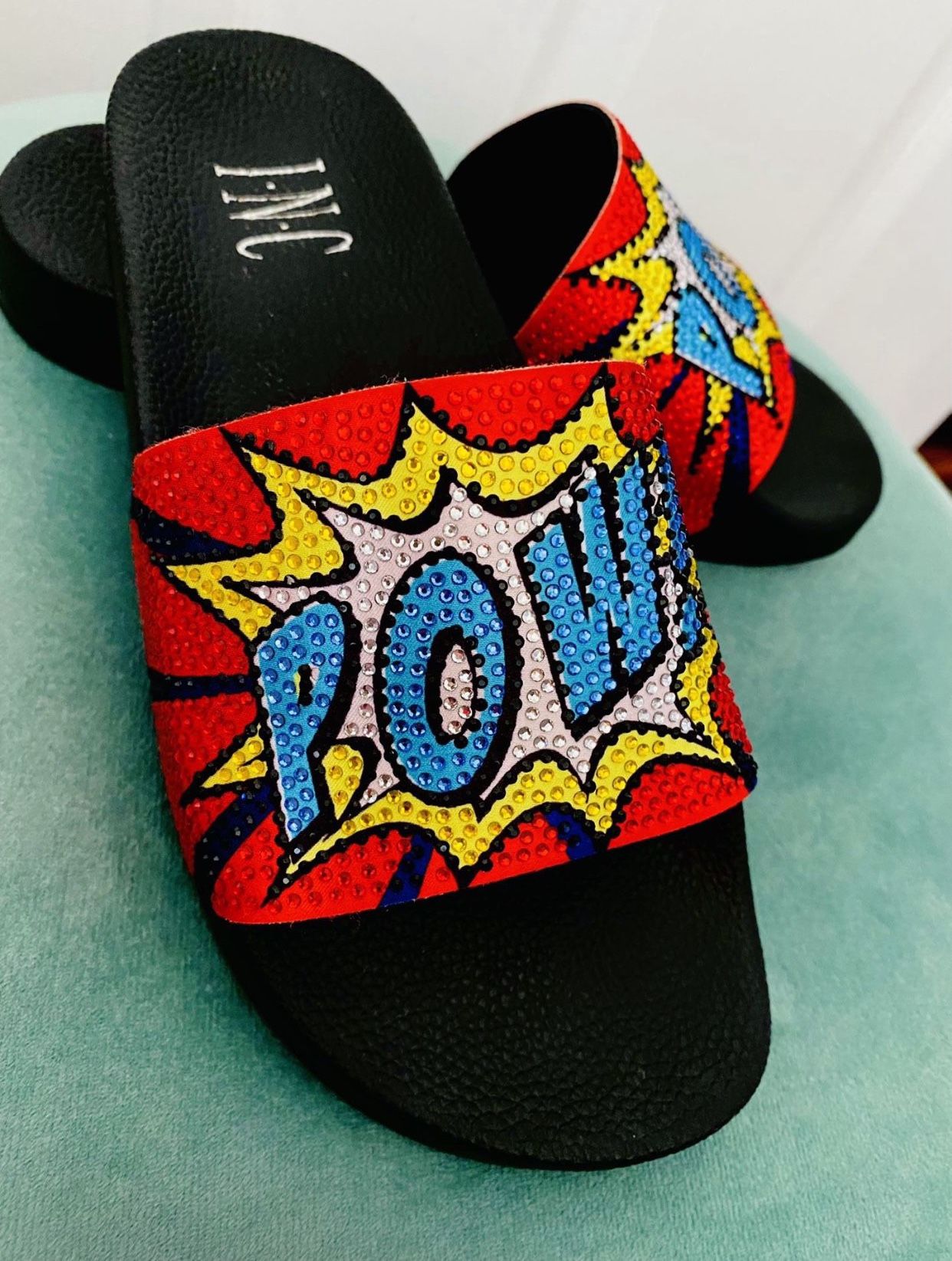Gorgeous Brand New INC Womens POW! Black Rhinestone Slides Sandals 🤩 Size 6