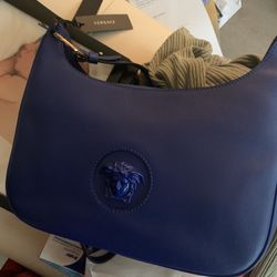 VersaceBlue Leather Medium La Medusa Crossbody