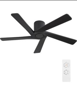 WINGBO 54 Inch Flush Mount DC Ceiling Fans without Lights, dd5 Carved Solid Wood Blades, 6-Speed
