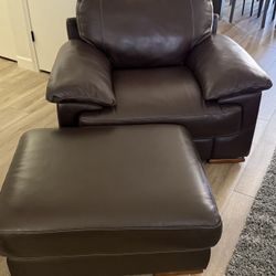 Natuzzi Dark Brown Italian Leather Lounge Chair and Ottoman 