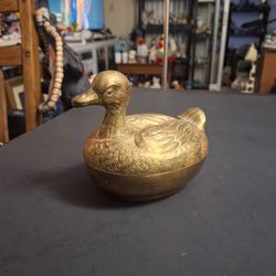 Solid Brass Mallard Duck Lidded 2 Pc Dish, Trinket Or Standalone Piece W/Intricate Etching 4.5H X 4.75L