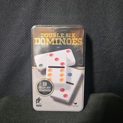 DOUBLE-NINE Dominoes Set of 55 Color Dot w/ Metal Storage Tin Domino New Sealed