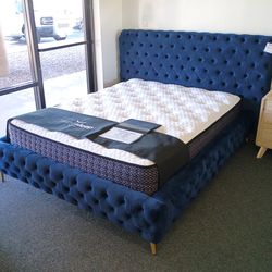 Blue Velvet Queen Size Bed Frame