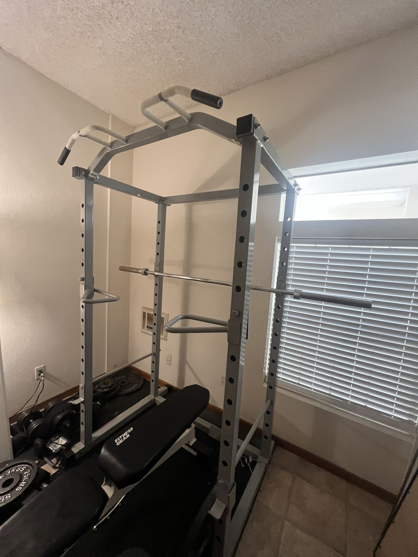 Home Gym Full Setup, Lifting Cage, Bar, Weights, Dumbbells, Flooring