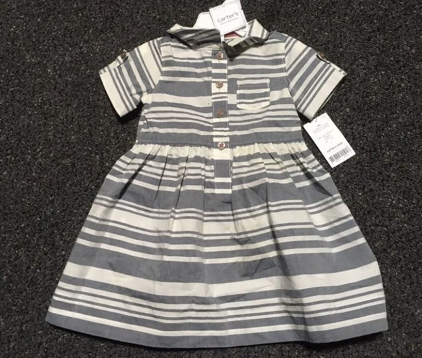 New Carters girl size 9 month White And Grey striped dress with diaper cover
