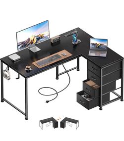 Korfile 43 Inch L Shaped Computer Desk with Power Outlets & Drawers, Black Home Office Desk, Reversible, Corner, with USB-C Port, with Storage, with A