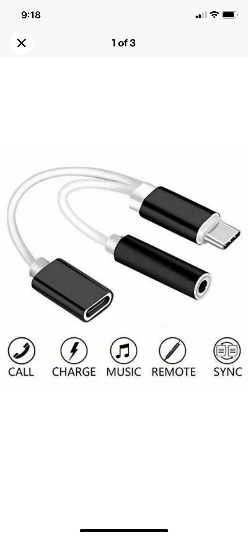 USB Type C To 3.5mm Aux Audio Charging Adapter Splitter Headphone Jack Black
