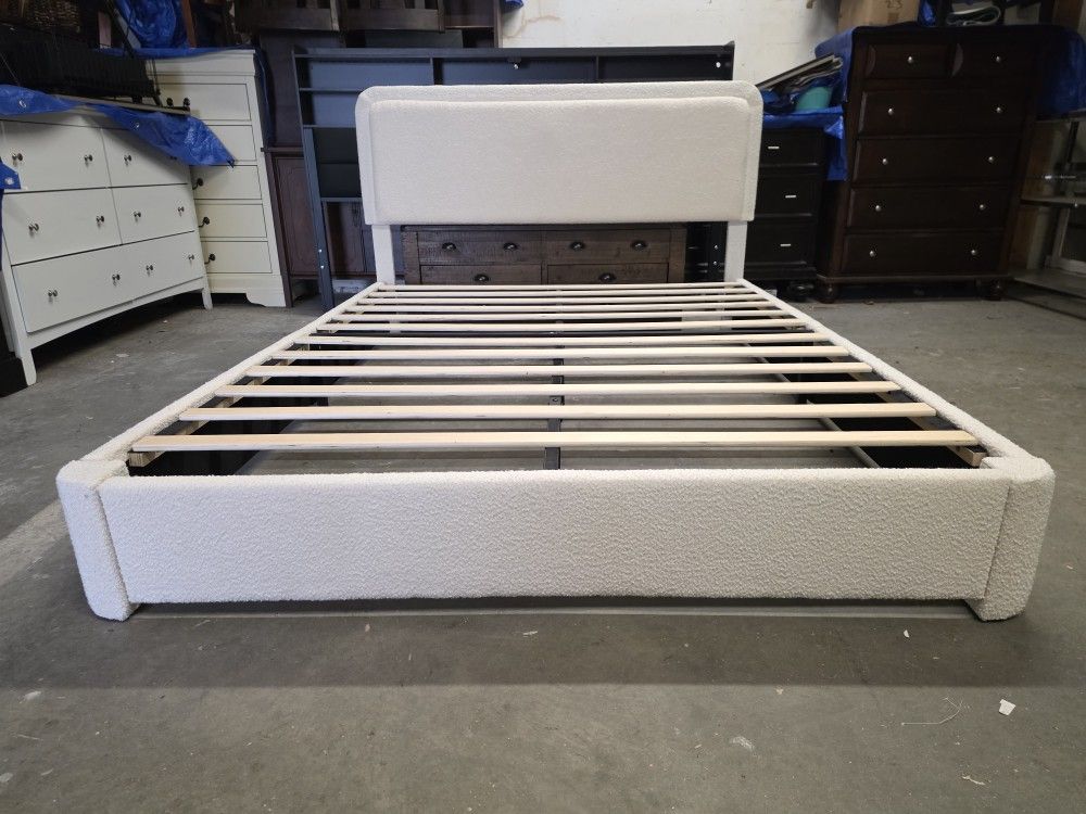 White Fabric Queen Size Platform Bed Frame