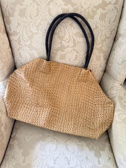 Tan Croc-Embossed Tote Bag with Braided Handles