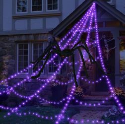 Halloween Spider Web Lights Decoration 455 LED Spider Webs Halloween Decorations Outdoor with 59" Large Spider & 3.53 oz Stretch Cobweb 16.4 Ft Light 