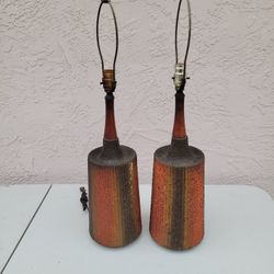 Vintage Pair Mid Century Sgraffito Ceramic Table Lamps
